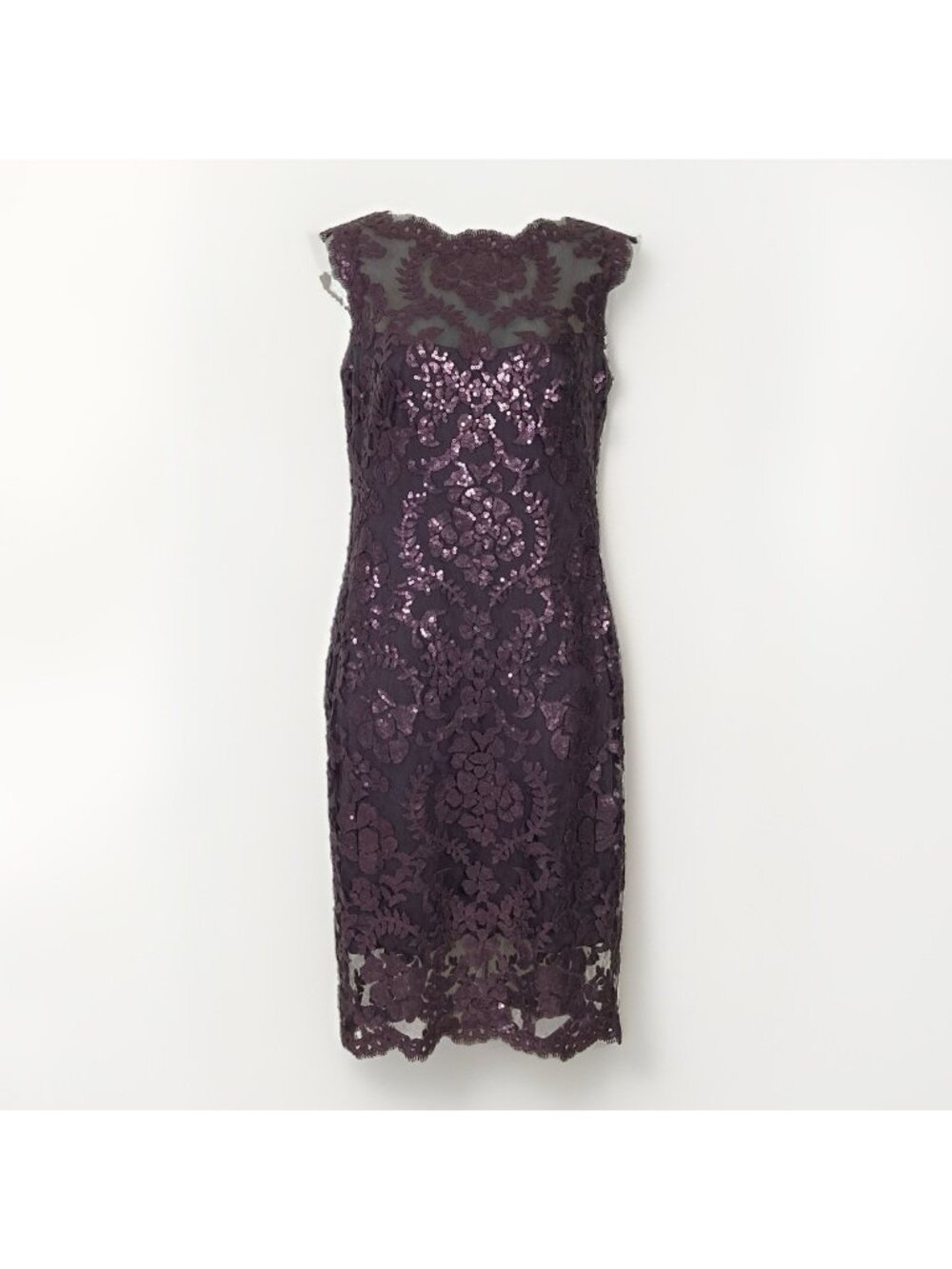 Tadashi Shoji Sheath Dress Size 4 Purple Lace Sequin Wedding Semi Formal Gala
